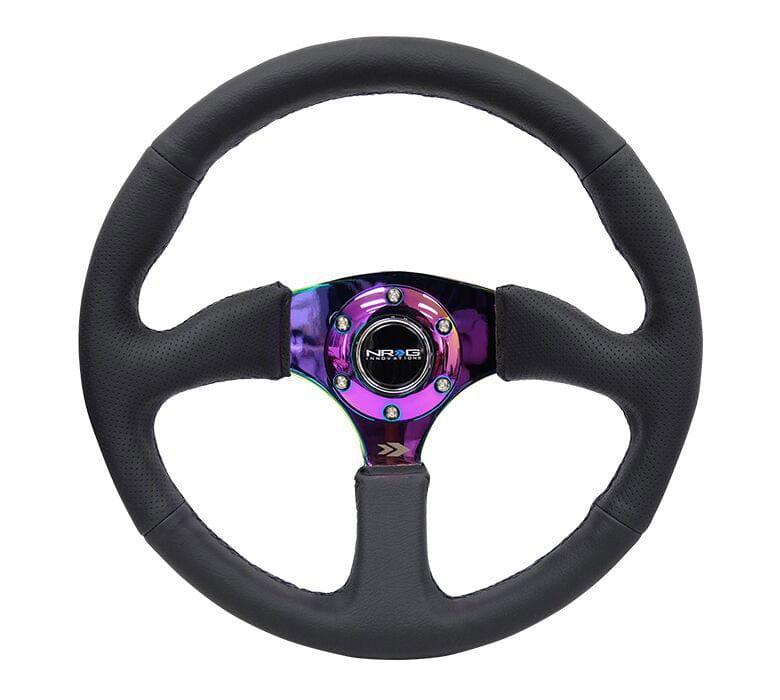NRG - Reinforced Steering Wheel- 350mm Sport Leather Racing ( 2.5" Deep) Comfort Grip, 4mm metal neochrome spoke Steering Wheels - 3 Spokes Leather-RST-023MC-R - RZCrewGarage
