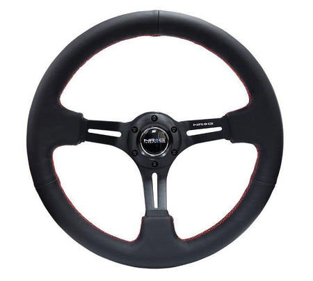 NRG - Reinforced Steering Wheel 350mm Sport Steering Wheel (3" Deep) Black Leather with Red Stitching Steering Wheels - 3 Spokes Leather-RST-018R-RS - RZCrewGarage