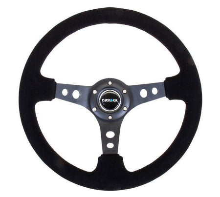 NRG - Reinforced Steering Wheel - 350mm Sport Steering Wheel (3" Deep) - Black Spoke Suede Black Stitch Steering Wheels - 3 Spokes Suede-RST-006-S - RZCrewGarage