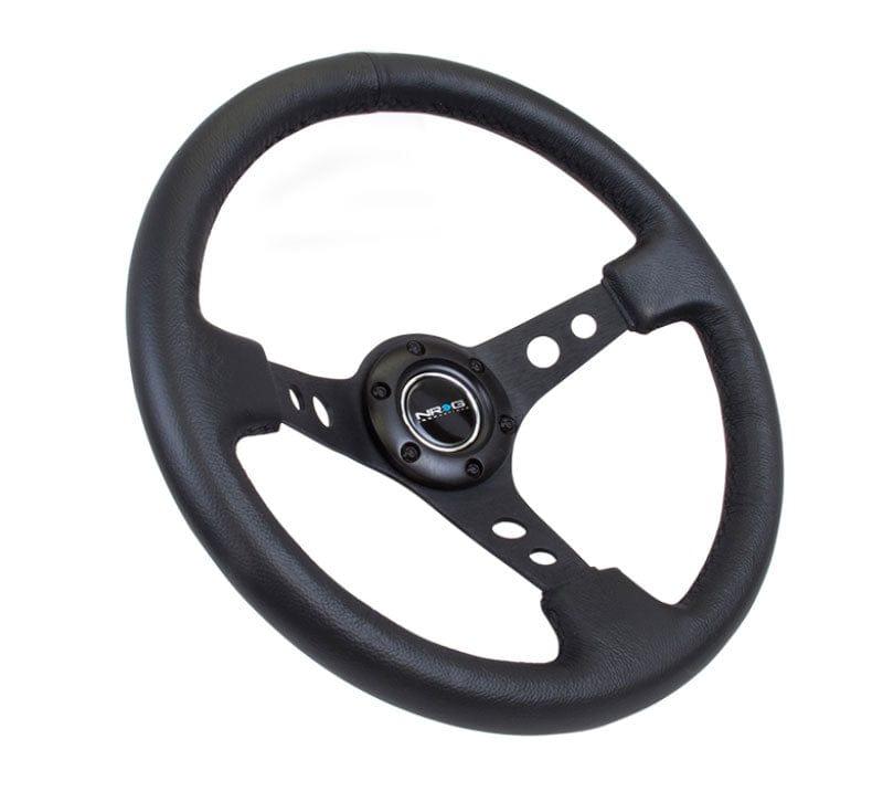 NRG - Reinforced Steering Wheel - 350mm Sport Steering Wheel (3" Deep) - Black Spoke w/ Round holes / Black Leather  Steering Wheels - 3 Spokes Leather-RST-006BK - RZCrewGarage