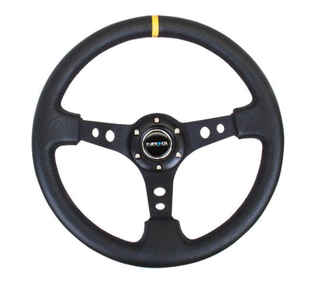 NRG - Reinforced Steering Wheel - 350mm Sport Steering Wheel (3" Deep) - Black Spoke w/ Round holes / Black Leather / Yellow Stripes Steering Wheels - 3 Spokes Leather-RST-006BK-Y - RZCrewGarage