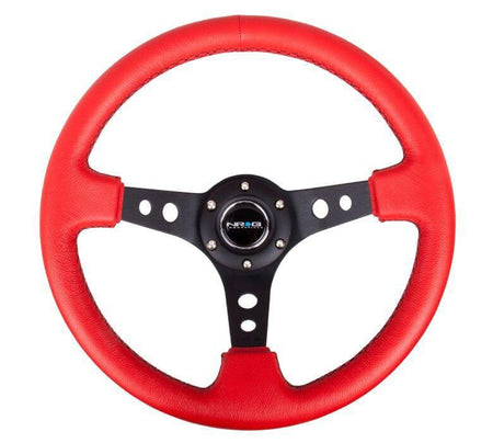 NRG - Reinforced Steering Wheel - 350mm Sport Steering Wheel (3" Deep) - Black Spoke w/ Round holes / Red Leather / Black Stitch Steering Wheels - 3 Spokes Leather-RST-006RR-BS - RZCrewGarage