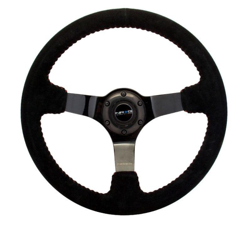 NRG - Reinforced Steering Wheel - 350mm sport steering wheel (3' deep) black Suede with red baseball stitching - BLACK spoke Steering Wheels - 3 Spokes Suede-RST-036BK-S - RZCrewGarage