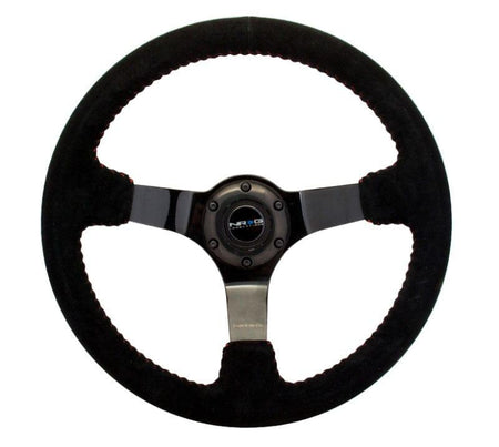 NRG - Reinforced Steering Wheel - 350mm sport steering wheel (3' deep) black Suede with red baseball stitching - BLACK spoke Steering Wheels - 3 Spokes Suede-RST-036BK-S - RZCrewGarage