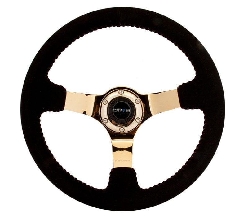NRG - Reinforced Steering Wheel - 350mm sport steering wheel (3' deep) black Suede with red baseball stitching - CHROME GOLD spoke Steering Wheels - 3 Spokes Suede-RST-036GD-S - RZCrewGarage