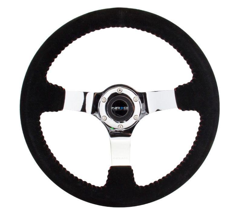 NRG - Reinforced Steering Wheel - 350mm sport steering wheel (3' deep) black Suede with red baseball stitching - CHROME spoke Steering Wheels - 3 Spokes Suede-RST-036CH-S - RZCrewGarage