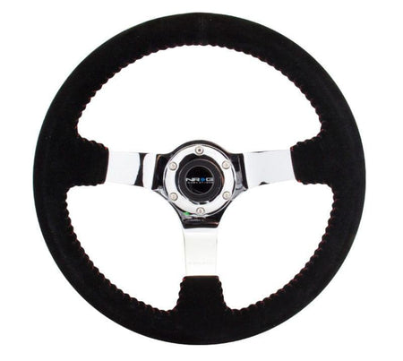 NRG - Reinforced Steering Wheel - 350mm sport steering wheel (3' deep) black Suede with red baseball stitching - CHROME spoke Steering Wheels - 3 Spokes Suede-RST-036CH-S - RZCrewGarage
