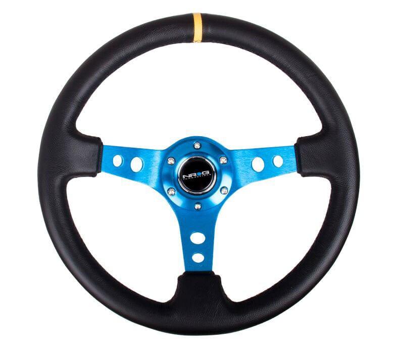 NRG - Reinforced Steering Wheel - 350mm Sport Steering Wheel (3" Deep) - Blue Spoke w/ Round holes / Black Leather and Yellow center stripe  Steering Wheels - 3 Spokes Leather-RST-006BL-Y - RZCrewGarage