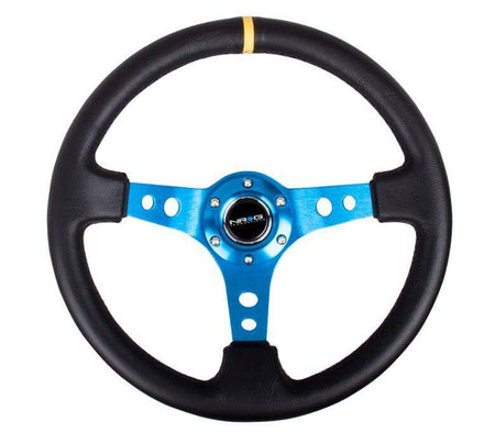 NRG - Reinforced Steering Wheel - 350mm Sport Steering Wheel (3" Deep) - Blue Spoke w/ Round holes / Black Leather and Yellow center stripe  Steering Wheels - 3 Spokes Leather-RST-006BL-Y - RZCrewGarage