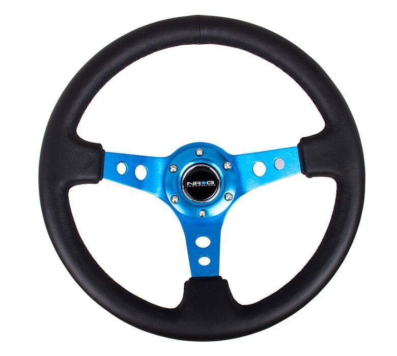NRG - Reinforced Steering Wheel - 350mm Sport Steering Wheel (3" Deep) - Blue Spoke w/ Round holes / Black Leather  Steering Wheels - 3 Spokes Leather-RST-006BL - RZCrewGarage