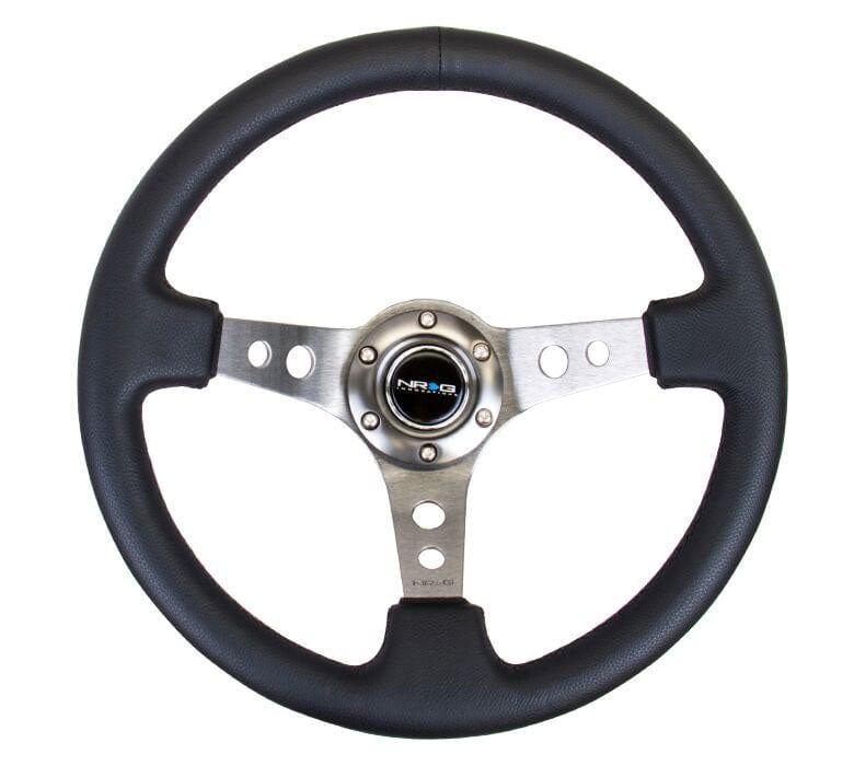 NRG - Reinforced Steering Wheel - 350mm Sport Steering Wheel (3" Deep) - Gun Metal Spoke w/ Round holes / Black Leather  Steering Wheels - 3 Spokes Leather-RST-006GM - RZCrewGarage