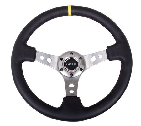 NRG - Reinforced Steering Wheel - 350mm Sport Steering Wheel (3" Deep) - Gun Metal Spoke w/ Round holes / Black Leather / Yellow Center Mark Steering Wheels - 3 Spokes Leather-RST-006GM-Y - RZCrewGarage
