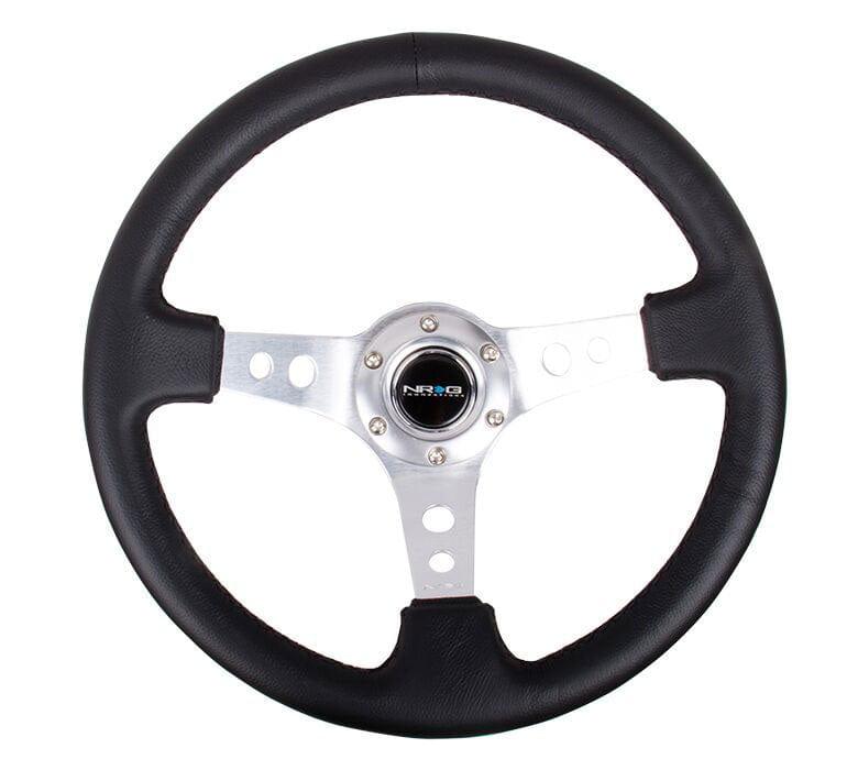NRG - Reinforced Steering Wheel - 350mm Sport Steering Wheel (3" Deep) - SILVER Spoke w/ Round holes / Black Leather Steering Wheels - 3 Spokes Leather-RST-006SL - RZCrewGarage