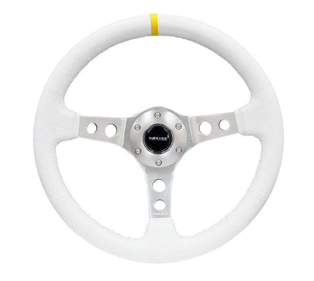 NRG - Reinforced Steering Wheel - 350mm Sport Steering Wheel (3" Deep) Silver Spoke with White Leather finish and White Stitch Steering Wheels - 3 Spokes Leather-RST-006WT-Y - RZCrewGarage
