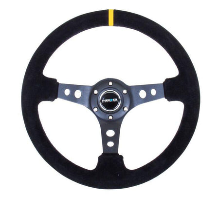 NRG - Reinforced Steering Wheel - 350mm Sport Steering Wheel (3" Deep) - Suede Black Stitch w/ Yellow Center Mark Steering Wheels - 3 Spokes Suede-RST-006S-Y - RZCrewGarage