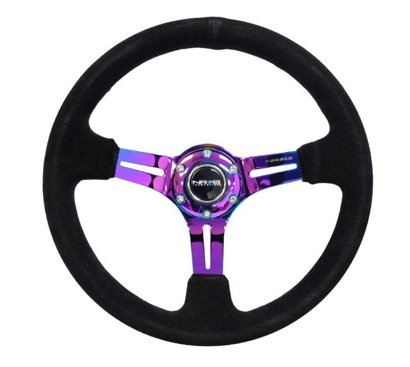 NRG - Reinforced Steering Wheel 350mm Sport Steering Wheel Suede (3" Deep) Black Stitch with slits in Neochrome Steering Wheels - 3 Spokes Suede-RST-018S-MCBS - RZCrewGarage