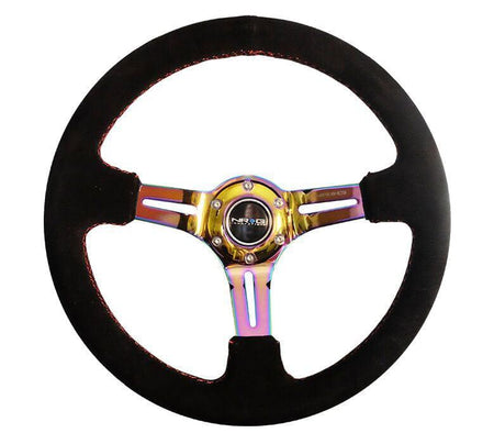 NRG - Reinforced Steering Wheel 350mm Sport Steering Wheel Suede (3" Deep) Red Stitch with slits in Neochrome Steering Wheels - 3 Spokes Suede-RST-018S-MCRS - RZCrewGarage