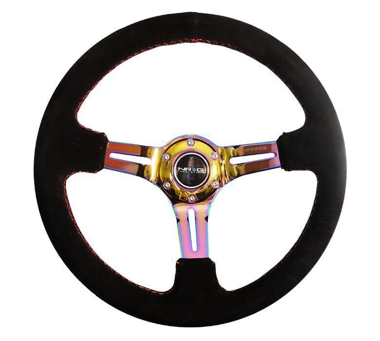 NRG - Reinforced Steering Wheel 350mm Sport Steering Wheel Suede (3" Deep) Red Stitch with slits in Neochrome Steering Wheels - 3 Spokes Suede-RST-018S-MCRS - RZCrewGarage