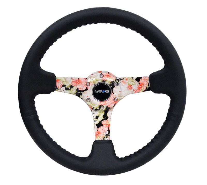 NRG - Reinforced Steering Wheel - Hydro Dipped Tropical Floral 3" Deep, 5mm spoke, 350mm Sport Steering Wheel Black Leather w/ Black baseball stitching Steering Wheels - 3 Spokes Leather-RST-036FL-R - RZCrewGarage