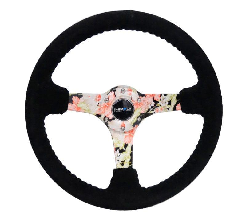 NRG - Reinforced Steering Wheel - Hydro Dipped Tropical Floral 3" Deep, 5mm spoke, 350mm Sport Steering Wheel Black Suede w/ Black baseball stitching Steering Wheels - 3 Spokes Suede-RST-036FL-S - RZCrewGarage