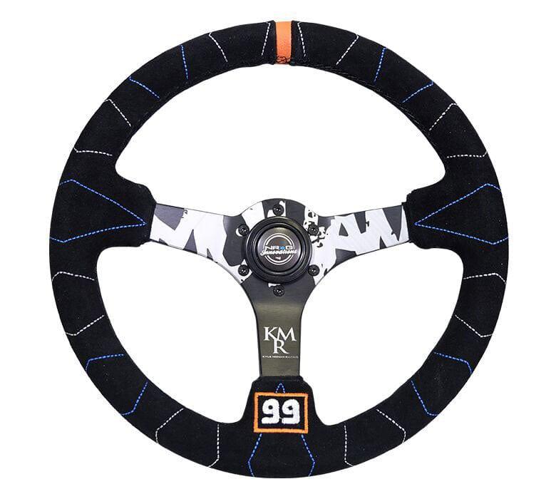 NRG - Reinforced Steering Wheel - Kyle Mohan Signature 3" Deep, 5mm matte black spoke, 350mm Sport Steering Wheel Black suede w/ color stitching Steering Wheels - 3 Spokes Suede-RST-036MB-S-KMR - RZCrewGarage