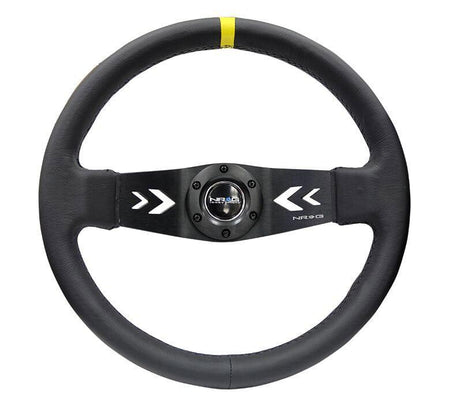 NRG - Reinforced Steering Wheel NRG Arrow cut out two spoke 350mm Sport Stereing Wheel Leather (3" Deep) Black Suede, yellow Center Marking, NRG Arrow cut out two spoke Steering Wheels - 2 Spokes Leather-RST-022R-Y - RZCrewGarage