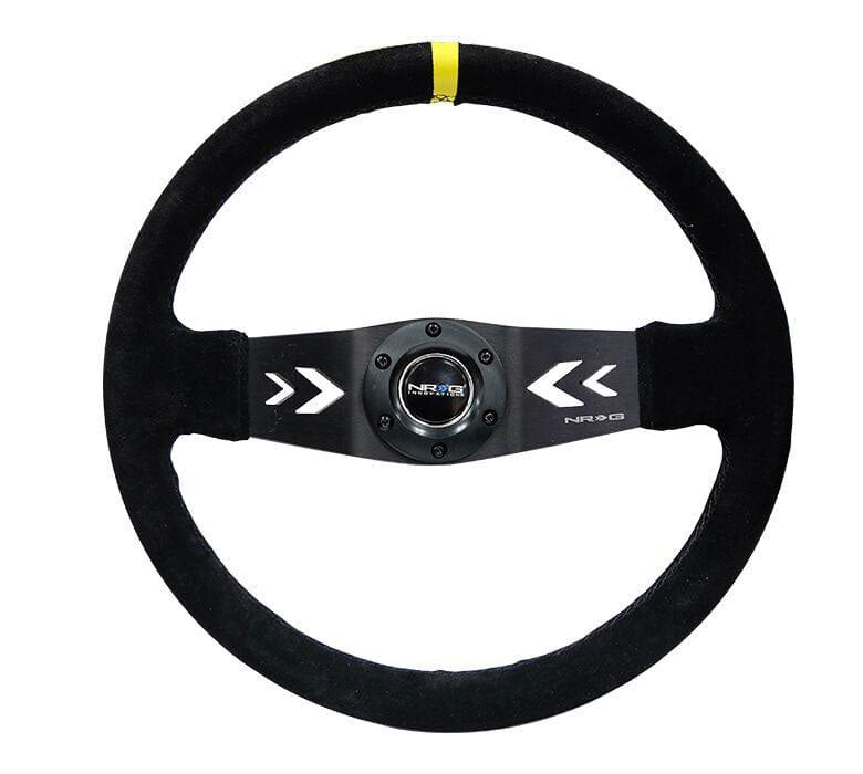 NRG - Reinforced Steering Wheel NRG Arrow cut out two spoke 350mm Sport Stereing Wheel Suede (3" Deep) Black Suede, yellow Center Marking,  Steering Wheels - 2 Spokes Suede-RST-022S-Y - RZCrewGarage