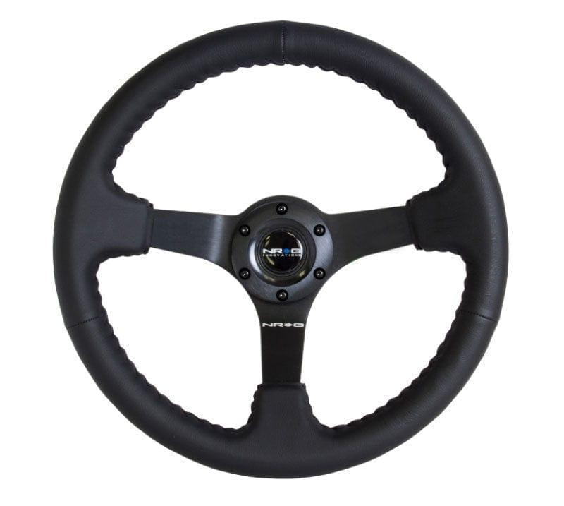 NRG - Reinforced Steering Wheel- Odi Signature RACE STYLE - 350mm sport steering wheel (3' deep) black Leather w/ Black baseball stitching - Matte Black spoke Steering Wheels - 3 Spokes Leather-RST-036MB-R - RZCrewGarage
