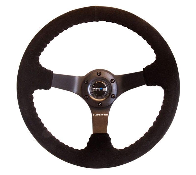 NRG - Reinforced Steering Wheel-Odi signature RACE STYLE - 350mm sport steering wheel (3' deep) black Suede w/ Black baseball stitching - Matte Black spoke Steering Wheels - 3 Spokes Suede-RST-036MB-S - RZCrewGarage